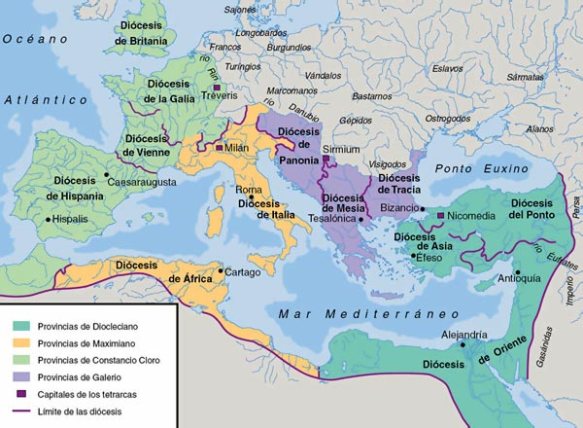O mapa mostra a parte correspondente a cada tetrarca, com a divisão das dioceses e a localização das capitais.